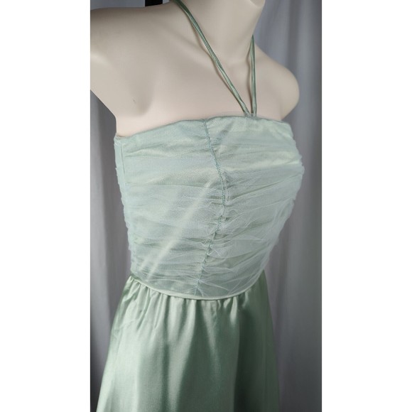 Vintage 50s Tulle Prom Dress Seafoam Green Satin Silk Halter Ruched Mint XXS XS - Picture 3 of 13